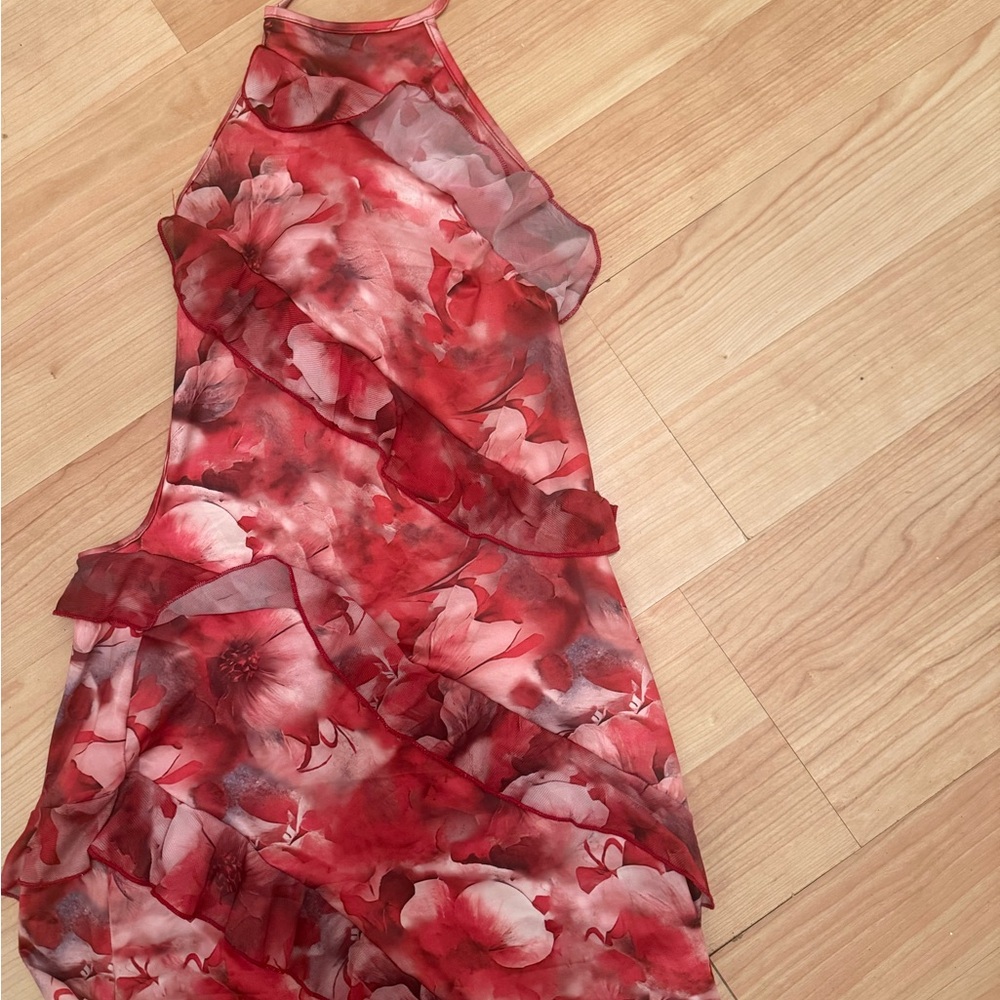 SHEIN Red Floral Backless Ruffle Halter Dress
